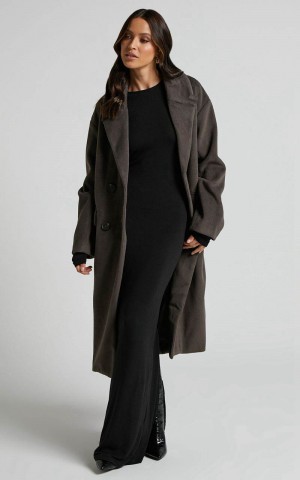 Showpo Libee Coat - Double Breasted Longline Coat Charcoal | WVERQF529