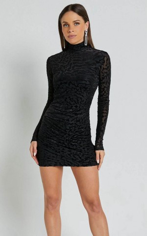 Showpo Lili Mini Dress - Burnout Ruched Wrap Mini Dress Black | MOHWJS148