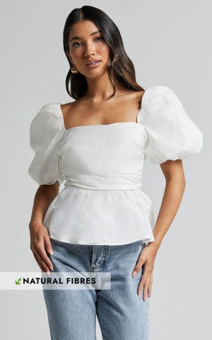 Showpo Linda Top - Short Puff Sleeve Peplum Ivory | SDBMJE463