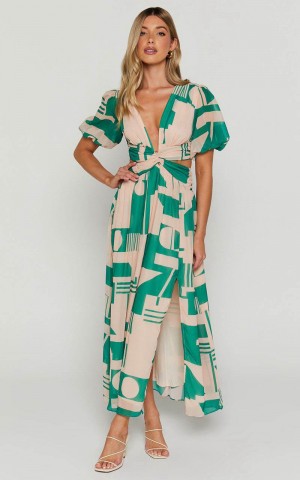 Showpo Lindey Midi Dress - Side Cut Plunge Neck Puff Sleeve Dress Green And Cream Geo | OFKDYA071