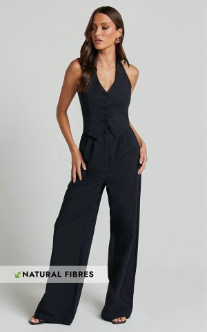 Showpo Linette Jumpsuit - Halter Neck Button Through Vest Tailored Wide Leg Jumpsuit Black | GPMTUF470