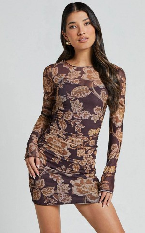 Showpo Livi Mini Dress - Long Sleeve Mesh Bodycon Dress Amber Bloom Print | STIURM532