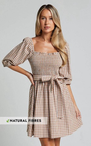 Showpo Liza Mini Dress - Shirred Bodice Short Sleeve Tie Dress Caramel And White Gingham | JGNPDO386