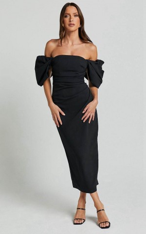 Showpo Lohan Midi Dress - Off Shoulder Puff Sleeve Black | MJOFCX809