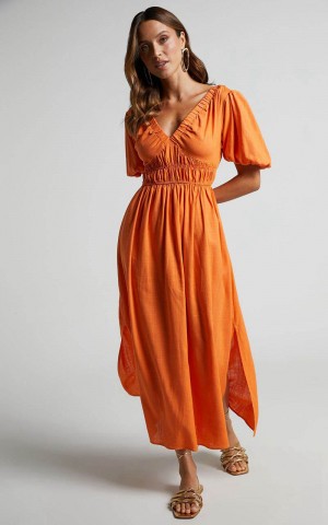 Showpo Lorella Midi Dress - Puff Sleeve Plunge Neck Dress Orange | HTLKYF078