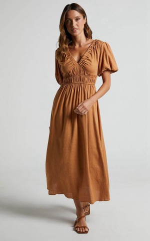 Showpo Lorella Midi Dress - Puff Sleeve Plunge Neck Dress Butterscotch | DVBTEZ518