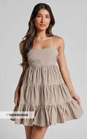 Showpo Lorelle Mini Dress - Straight Neck Tiered Dress Brown Check Gingham | EHYRNI635