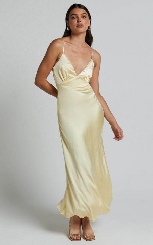 Showpo Lorenzia Maxi Dress - Plunge Corset Underbust Detail Satin Dress Lemon | ZJHVDO410