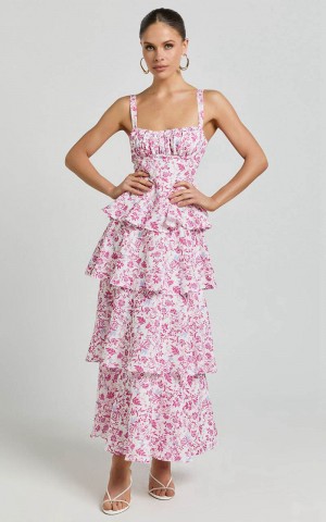 Showpo Lorma Midi Dress - Ruched Layered Dress Pink Floral | IEWRMK895