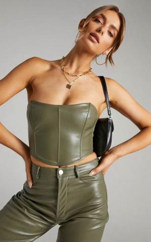 Showpo Lorrin Corset - Faux Leather Cropped Corset Olive | NHUMGV589