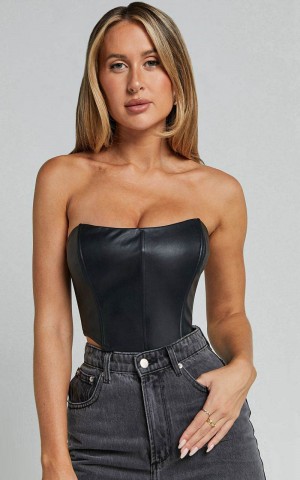 Showpo Lorrin Corset - Faux Leather Cropped Corset Black | EZHLBT652