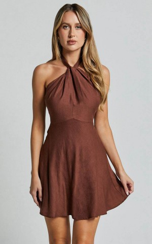 Showpo Louie Mini Dress - Linen Look Halter Neck Dress Chocolate | QLWYUA728