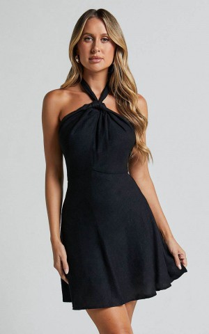 Showpo Louie Mini Dress - Linen Look Halter Neck Dress Black | BELOUJ503