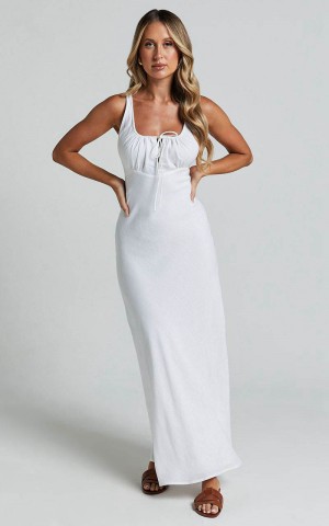 Showpo Lucas Midi Dress - Ruched Bust Linen Look Dress White | HRELYP490