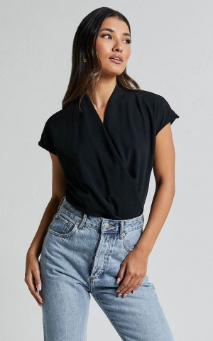 Showpo Lucianne Top - Short Sleeve Draped Top Black | FJOIUG306