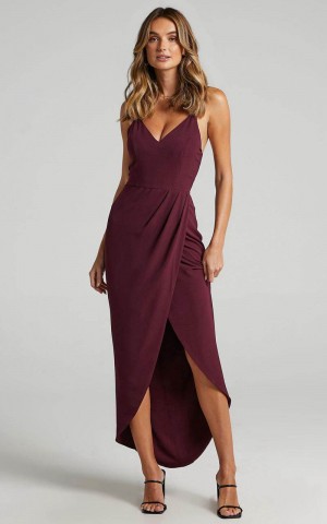 Showpo Lucky Day Midi Dress - V Neck Drape Dress Wine | PJFQEV125