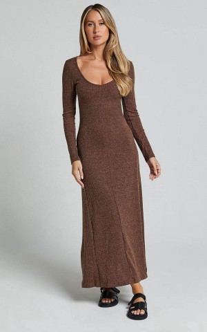 Showpo Lydia Midi Dress - V Neck Long Sleeve Knitted Dress Chocolate | YBXRTH105