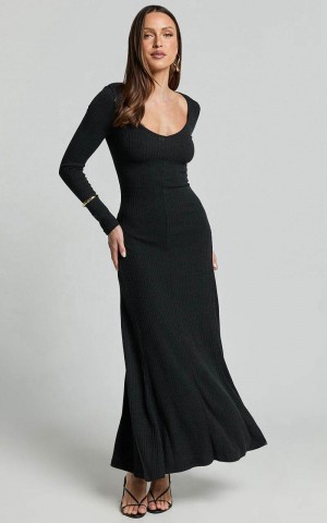 Showpo Lydia Midi Dress - V Neck Long Sleeve Knitted Dress Black | XDZQBA793