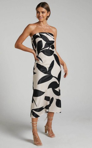 Showpo Madelyn Midi Dress - Strapless Palm Print Satin Dress Cream And Black Shadow Print | NKRXDA076