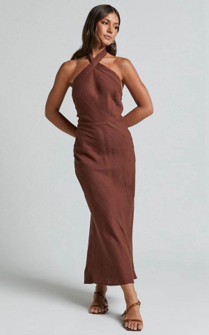 Showpo Maelynn Midi Dress - Linen Look Twist Halter Neck Low Back Slip Dress Chocolate | QJZLAN103