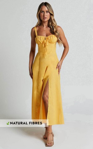 Showpo Maiya Midi Dress - Tie Front Fitted Bodice Dress Pineapple | CJDZBP324