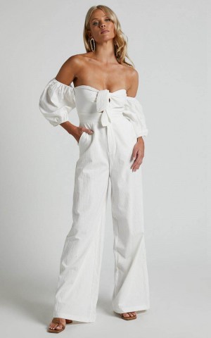 Showpo Maja Jumpsuit - Front Tie Off Shoulder Jumpsuit Off White | EWMQKD421