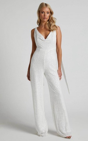 Showpo Malisha Jumpsuit - Cowl Neck Backless Jumpsuit White Sequin | WNRAFZ739