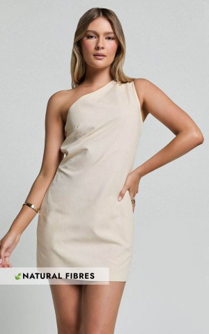 Showpo Mardelle Mini Dress - Linen Look One Shoulder Shift Dress Neutral | LYGFZR180