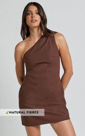 Showpo Mardelle Mini Dress - Linen Look One Shoulder Shift Dress Chocolate | SOIYDF108