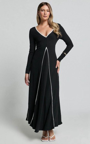 Showpo Margie Midi Dress - Long Sleeve Contrast Bind Ribbed Dress Black | FOIZXC026