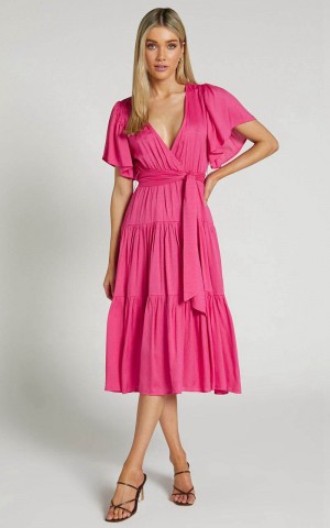 Showpo Marielle Midi Dress - Wrap Bodice Tiered Belted Dress Pink | DTARCM196