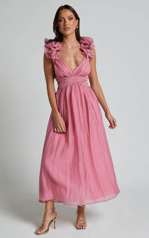 Showpo Marielly Maxi Dress - Side Cut Out V Neck Ruffle Detail Sleeve Dress Pink | APMCTU403