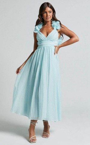 Showpo Marielly Maxi Dress - Side Cut Out V Neck Ruffle Detail Sleeve Dress Pale Blue | JEFUPA730