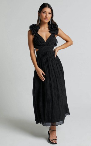 Showpo Marielly Maxi Dress - Side Cut Out V Neck Ruffle Detail Sleeve Dress Black | JBOVNP208