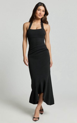 Showpo Maris Maxi Dress - Full Length Halter Tie Neck Dress Black | MCOSPF457