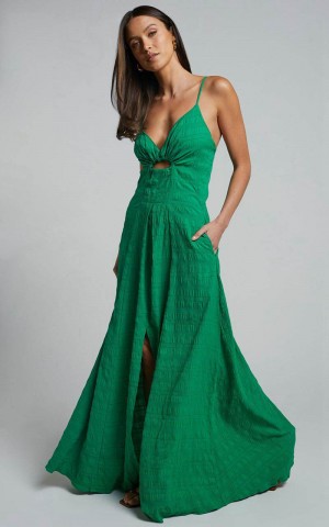 Showpo Marisse Maxi Dress - Cut Out Front Split Cross Back Textured Dress Green | KSCMAQ139