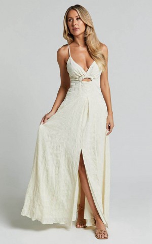 Showpo Marisse Maxi Dress - Cut Out Front Split Cross Back Textured Dress Cream | YISZPE360