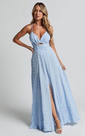 Showpo Marisse Maxi Dress - Cut Out Front Split Cross Back Textured Dress Blue | UBITLZ409