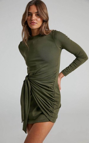 Showpo Marleen Mini Dress - Wrap Front Long Sleeve Bodycon Dress Khaki | ESPIRH852