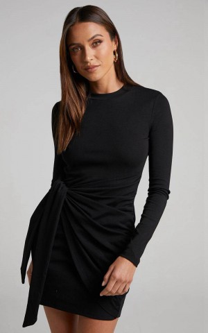 Showpo Marleen Mini Dress - Wrap Front Long Sleeve Bodycon Dress Black | XDBWJI938