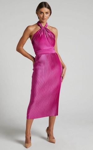 Showpo Marlette Midi Dress - Pleated Open Back Halter Dress Grape | TKSEDX960