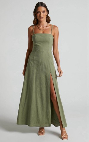 Showpo Marsha Midi Dress - High Split Slip Dress Khaki | MZLNKP147