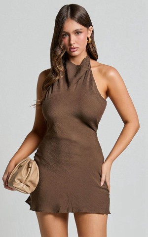 Showpo Martine Mini Dress - Halter Cowl Neck Low Tie Back Dress Brown | JCOFUL859