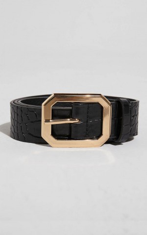 Showpo Mason Croc Square Buckle Belt Black | BAHUGQ376