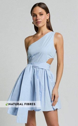 Showpo Mauee Mini Dress - One Shoulder Tie Waist Cut Out Dress Powder Blue | ILJRMY403