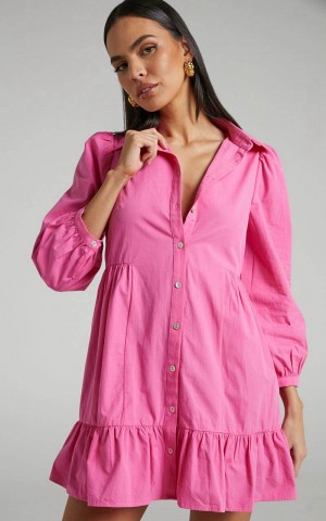 Showpo Maulee Mini Dress - Frill Hem Shirt Dress Pink | MPALZG568