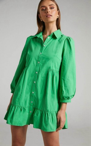 Showpo Maulee Mini Dress - Frill Hem Shirt Dress Green | OQGTUB537