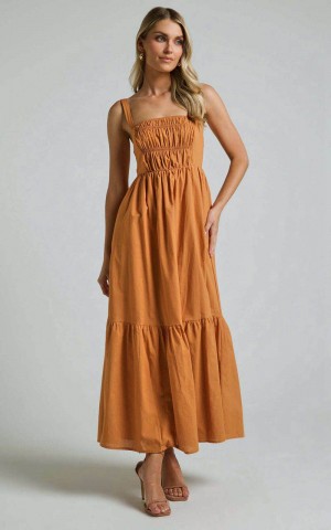 Showpo Mauree Maxi Dress - Straight Sleeveless Tiered Dress Caramel | VDGFLY072