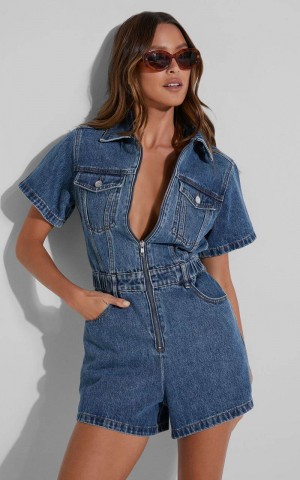 Showpo Mauriel Playsuit - Recycled Cotton Utility Playsuit Dark Blue | ZXMEJR409