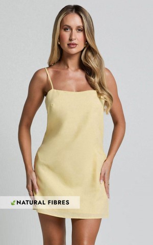 Showpo Mavie Mini Dress - Linen Strappy Shift Dress Lemon | VWBARY568